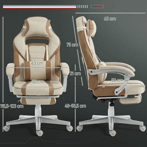 HOMCOM Cadeira Gaming Reclinável com Altura Ajustável, Apoio para Pés Retrátil, Suporte Lombar e Almofada de Cabeça para Escritório ou Estúdio - Creme