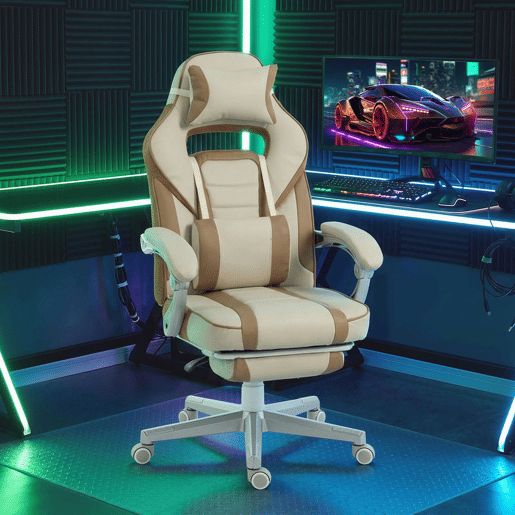 HOMCOM Cadeira Gaming Reclinável com Altura Ajustável, Apoio para Pés Retrátil, Suporte Lombar e Almofada de Cabeça para Escritório ou Estúdio - Creme