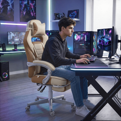 HOMCOM Cadeira Gaming Reclinável com Altura Ajustável, Apoio para Pés Retrátil, Suporte Lombar e Almofada de Cabeça para Escritório ou Estúdio - Creme