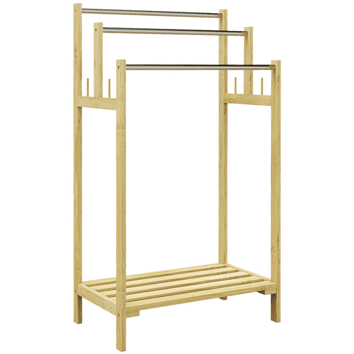 HOMCOM Toalheiro de Pé de Bambu Toalheiro Escada para Casa de Banho com 3 Barras de Aço Inoxidável Prateleira Aberta 4 Ganchos Estilo Moderno 50,5x31x90 cm Madeira