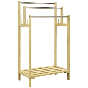 HOMCOM Toalheiro de Pé de Bambu Toalheiro Escada para Casa de Banho com 3 Barras de Aço Inoxidável Prateleira Aberta 4 Ganchos Estilo Moderno 50,5x31x90 cm Madeira