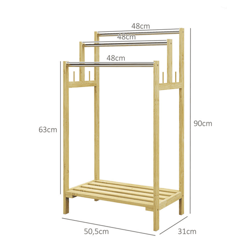 HOMCOM Toalheiro de Pé de Bambu Toalheiro Escada para Casa de Banho com 3 Barras de Aço Inoxidável Prateleira Aberta 4 Ganchos Estilo Moderno 50,5x31x90 cm Madeira