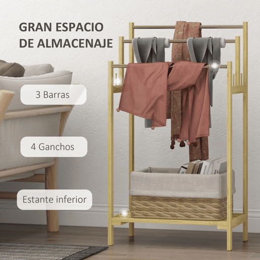 HOMCOM Toalheiro de Pé de Bambu Toalheiro Escada para Casa de Banho com 3 Barras de Aço Inoxidável Prateleira Aberta 4 Ganchos Estilo Moderno 50,5x31x90 cm Madeira