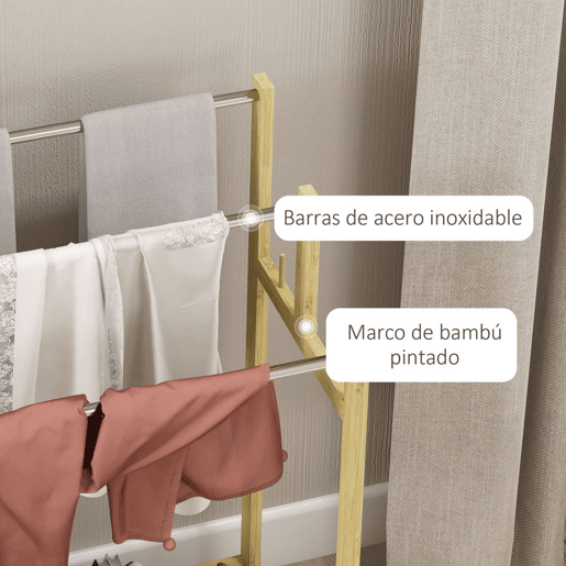 HOMCOM Toalheiro de Pé de Bambu Toalheiro Escada para Casa de Banho com 3 Barras de Aço Inoxidável Prateleira Aberta 4 Ganchos Estilo Moderno 50,5x31x90 cm Madeira
