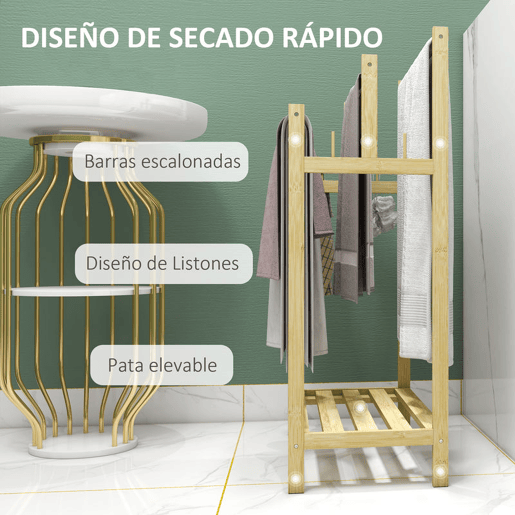 HOMCOM Toalheiro de Pé de Bambu Toalheiro Escada para Casa de Banho com 3 Barras de Aço Inoxidável Prateleira Aberta 4 Ganchos Estilo Moderno 50,5x31x90 cm Madeira