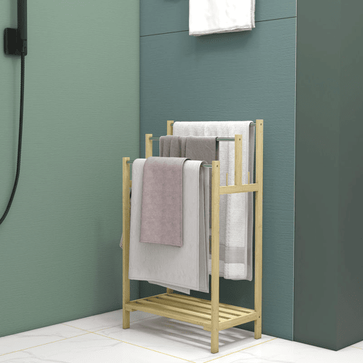 HOMCOM Toalheiro de Pé de Bambu Toalheiro Escada para Casa de Banho com 3 Barras de Aço Inoxidável Prateleira Aberta 4 Ganchos Estilo Moderno 50,5x31x90 cm Madeira