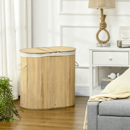 HOMCOM Cesto de Roupa Suja com Tampa 100L Cesto de Bambu com 2 Compartimentos Forro Interior Removível e Lavável Alças para Lavandaria Quarto 62,5x37x60,5 cm Madeira
