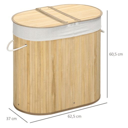 HOMCOM Cesto de Roupa Suja com Tampa 100L Cesto de Bambu com 2 Compartimentos Forro Interior Removível e Lavável Alças para Lavandaria Quarto 62,5x37x60,5 cm Madeira