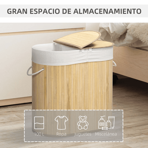 HOMCOM Cesto de Roupa Suja com Tampa 100L Cesto de Bambu com 2 Compartimentos Forro Interior Removível e Lavável Alças para Lavandaria Quarto 62,5x37x60,5 cm Madeira
