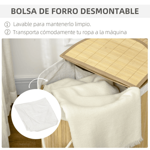 HOMCOM Cesto de Roupa Suja com Tampa 100L Cesto de Bambu com 2 Compartimentos Forro Interior Removível e Lavável Alças para Lavandaria Quarto 62,5x37x60,5 cm Madeira