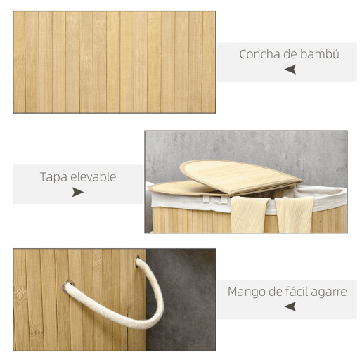 HOMCOM Cesto de Roupa Suja com Tampa 100L Cesto de Bambu com 2 Compartimentos Forro Interior Removível e Lavável Alças para Lavandaria Quarto 62,5x37x60,5 cm Madeira