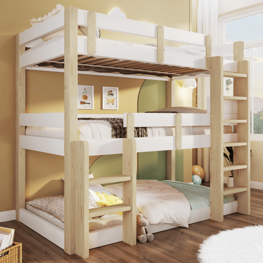 Beliche triplo 90x190 cm - para crianças, adolescentes e adultos, design robusto e seguro - Branco e natural