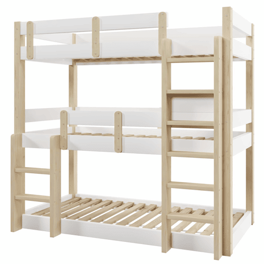 Beliche triplo 90x190 cm - para crianças, adolescentes e adultos, design robusto e seguro - Branco e natural