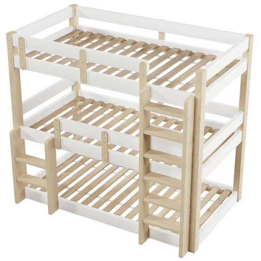 Beliche triplo 90x190 cm - para crianças, adolescentes e adultos, design robusto e seguro - Branco e natural