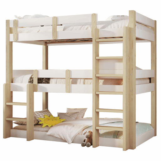 Beliche triplo 90x190 cm - para crianças, adolescentes e adultos, design robusto e seguro - Branco e natural