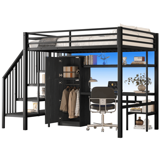 Cama alta metálica 140x200 - com secretária, estante, armário e escada com arrumação - Preto