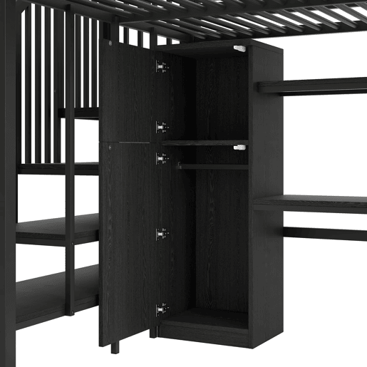 Cama alta metálica 140x200 - com secretária, estante, armário e escada com arrumação - Preto