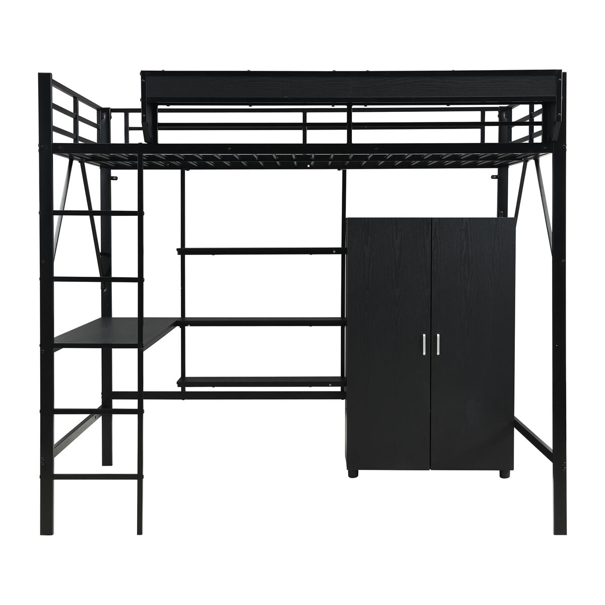 Cama alta 140x200 cm - litera con escritorio y armario, almacenamiento doble - negro