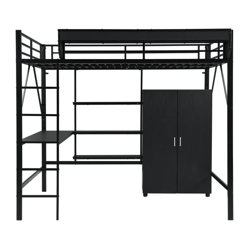 Cama alta 140x200 cm - Beliche com secretária e armário, armazenamento duplo - Preto