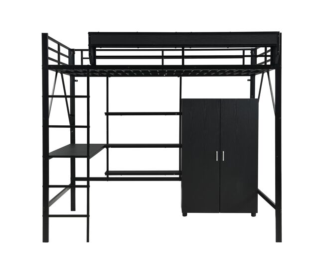 Cama alta 140x200 cm - litera con escritorio y armario, almacenamiento doble - negro