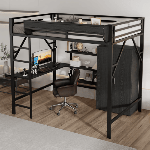 Cama alta 140x200 cm - Beliche com secretária e armário, armazenamento duplo - Preto