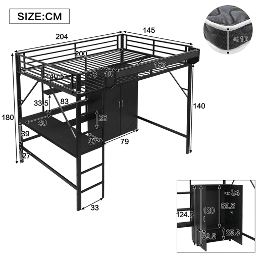 Cama alta 140x200 cm - Beliche com secretária e armário, armazenamento duplo - Preto