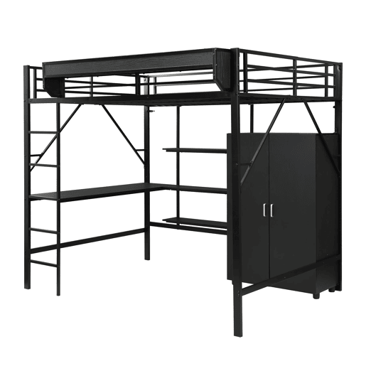 Cama alta 140x200 cm - Beliche com secretária e armário, armazenamento duplo - Preto