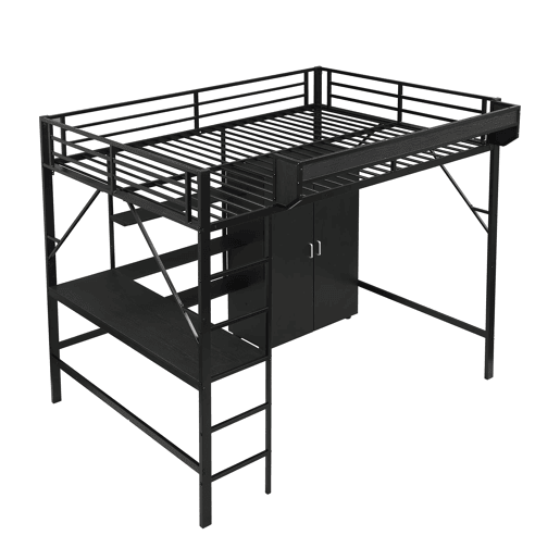 Cama alta 140x200 cm - Beliche com secretária e armário, armazenamento duplo - Preto