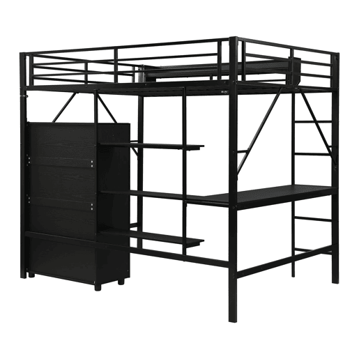 Cama alta 140x200 cm - Beliche com secretária e armário, armazenamento duplo - Preto
