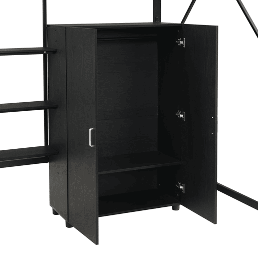 Cama alta 140x200 cm - Beliche com secretária e armário, armazenamento duplo - Preto