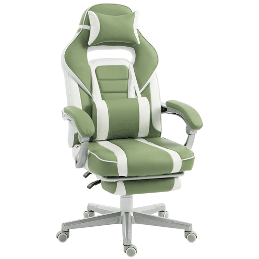 HOMCOM Cadeira Gaming Reclinável com Encosto Ajustável, Apoio para os Pés Retrátil, Suporte Lombar e Almofada de Cabeça para Escritório ou Estudo, Verde