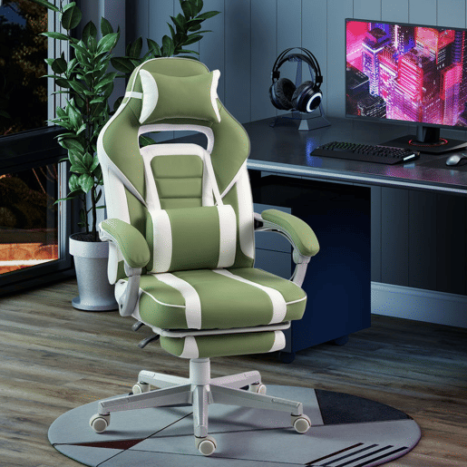 HOMCOM Cadeira Gaming Reclinável com Encosto Ajustável, Apoio para os Pés Retrátil, Suporte Lombar e Almofada de Cabeça para Escritório ou Estudo, Verde
