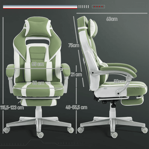 HOMCOM Cadeira Gaming Reclinável com Encosto Ajustável, Apoio para os Pés Retrátil, Suporte Lombar e Almofada de Cabeça para Escritório ou Estudo, Verde