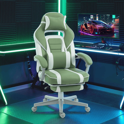 HOMCOM Cadeira Gaming Reclinável com Encosto Ajustável, Apoio para os Pés Retrátil, Suporte Lombar e Almofada de Cabeça para Escritório ou Estudo, Verde