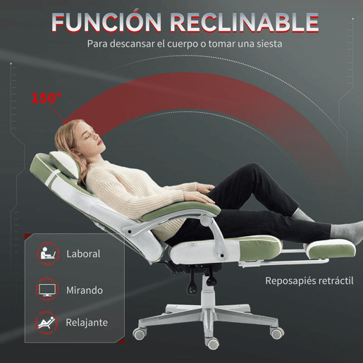HOMCOM Cadeira Gaming Reclinável com Encosto Ajustável, Apoio para os Pés Retrátil, Suporte Lombar e Almofada de Cabeça para Escritório ou Estudo, Verde