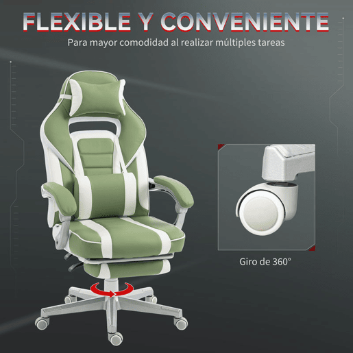 HOMCOM Cadeira Gaming Reclinável com Encosto Ajustável, Apoio para os Pés Retrátil, Suporte Lombar e Almofada de Cabeça para Escritório ou Estudo, Verde