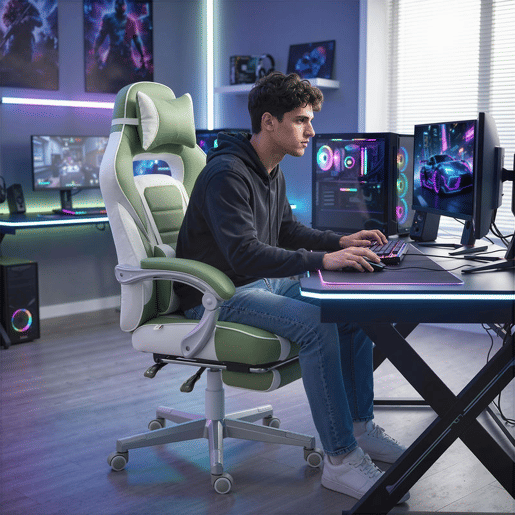 HOMCOM Cadeira Gaming Reclinável com Encosto Ajustável, Apoio para os Pés Retrátil, Suporte Lombar e Almofada de Cabeça para Escritório ou Estudo, Verde