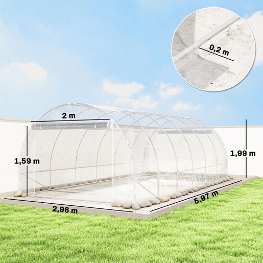 Outsunny Estufa tipo Túnel 296x597x199 cm Estufa de Exterior com 2 Portas Enroláveis Estrutura de Aço Galvanizado e Cobertura em PE 150gm² Anti-UV Impermeável para Cultivos Transparente