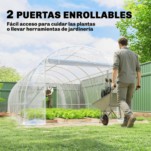 Outsunny Estufa tipo Túnel 296x597x199 cm Estufa de Exterior com 2 Portas Enroláveis Estrutura de Aço Galvanizado e Cobertura em PE 150gm² Anti-UV Impermeável para Cultivos Transparente