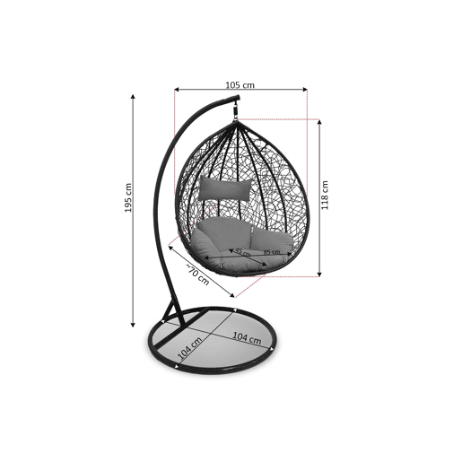 Cadeira de balanço cinza. Cesto suspenso. Móveis para jardim e pátio.