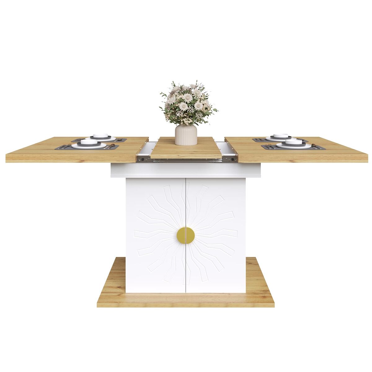 mesa de comedor extensible 110140x70x76 cm - madera con relieve solar - blanca