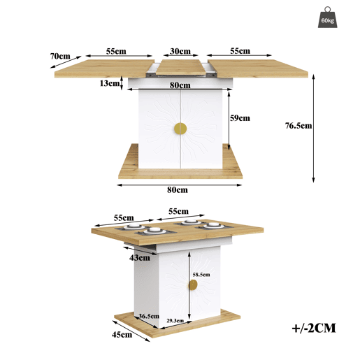Mesa de jantar extensÃvel 110(140)x70x76 cm - Madeira com relevo solar - Branca Mesa de jantar extensÃvel 110(140)x70x76 cm - Madeira com relevo solar - Branca