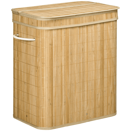 HOMCOM Cesto de Roupa Suja com Tampa 90L Cesto de Bambu com 2 Compartimentos Bolsa Interna Removível e Lavável Alças, para Lavandaria Quarto 54,2x35,2x59,5 cm Madeira