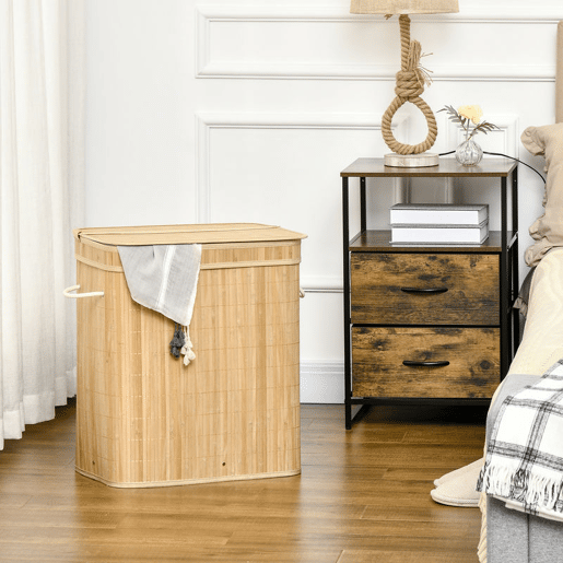 HOMCOM Cesto de Roupa Suja com Tampa 90L Cesto de Bambu com 2 Compartimentos Bolsa Interna Removível e Lavável Alças, para Lavandaria Quarto 54,2x35,2x59,5 cm Madeira
