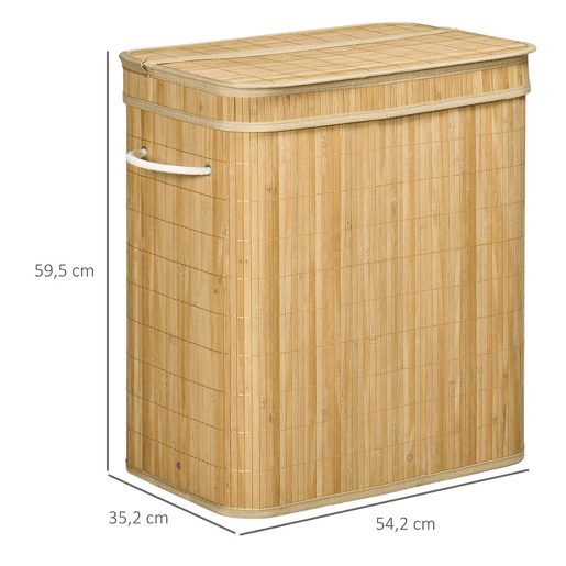 HOMCOM Cesto de Roupa Suja com Tampa 90L Cesto de Bambu com 2 Compartimentos Bolsa Interna Removível e Lavável Alças, para Lavandaria Quarto 54,2x35,2x59,5 cm Madeira
