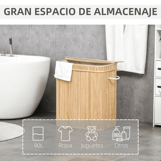HOMCOM Cesto de Roupa Suja com Tampa 90L Cesto de Bambu com 2 Compartimentos Bolsa Interna Removível e Lavável Alças, para Lavandaria Quarto 54,2x35,2x59,5 cm Madeira