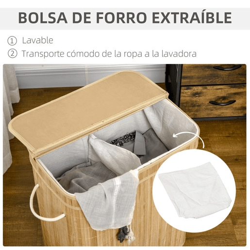 HOMCOM Cesto de Roupa Suja com Tampa 90L Cesto de Bambu com 2 Compartimentos Bolsa Interna Removível e Lavável Alças, para Lavandaria Quarto 54,2x35,2x59,5 cm Madeira