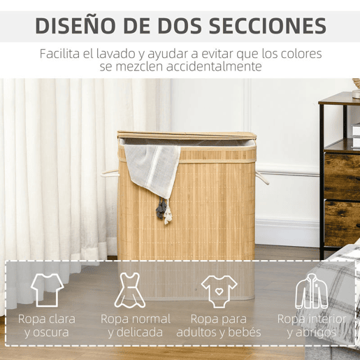 HOMCOM Cesto de Roupa Suja com Tampa 90L Cesto de Bambu com 2 Compartimentos Bolsa Interna Removível e Lavável Alças, para Lavandaria Quarto 54,2x35,2x59,5 cm Madeira