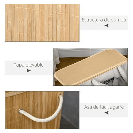 HOMCOM Cesto de Roupa Suja com Tampa 90L Cesto de Bambu com 2 Compartimentos Bolsa Interna Removível e Lavável Alças, para Lavandaria Quarto 54,2x35,2x59,5 cm Madeira