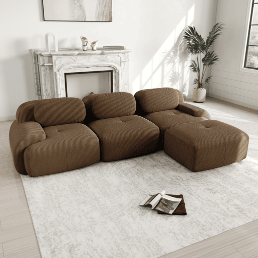Sofá modular de canto de 3 lugares - 32D acolchoado, ergonómico, adequado para animais de estimação, sem montagem - Castanho
